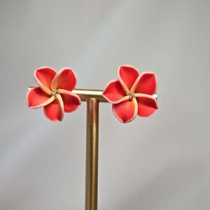 Polymer Clay Red Plumeria And Rhinestone Post Earrings